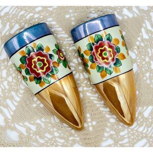 PAIR Large Vintage Takito Japan Lusterware Wall Pockets Hand Painted Floral